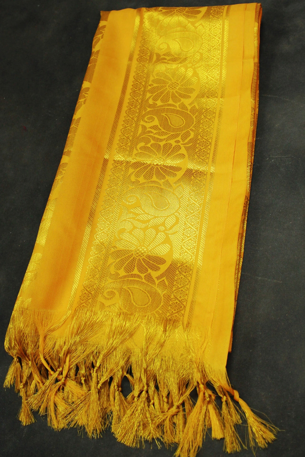 Yellow Zari Pattu Shawl with Fringe for Ponnadai, Arangetram and Traditional Events