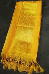 Yellow Zari Pattu Shawl with Fringe for Ponnadai, Arangetram and Traditional Events