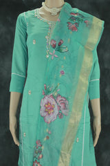 Roman Silk 3-Piece Kurti Set with Elastic Pant and Digital Jacquard Dupatta - Sage Green