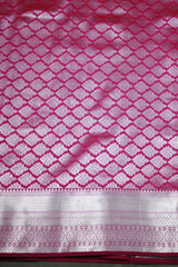 Magenta Pink Bridal Vaira Oosi Saree with Silver Zari Border and Matching Blouse, Soft Silk