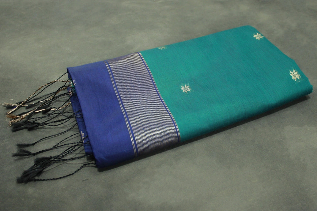 Dark Teal Maheswari Silk Cotton Saree with Small Butta and Zari Border