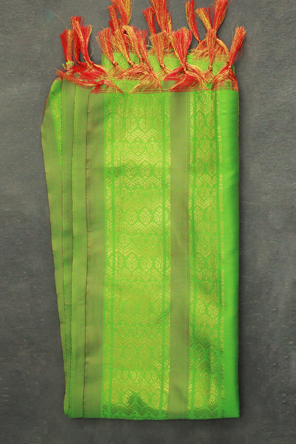 Light Green Ponnadai Poly Silk Jacquard Shawl with Tassels for Temple, Pooja & Functions | Traditional Dupatta