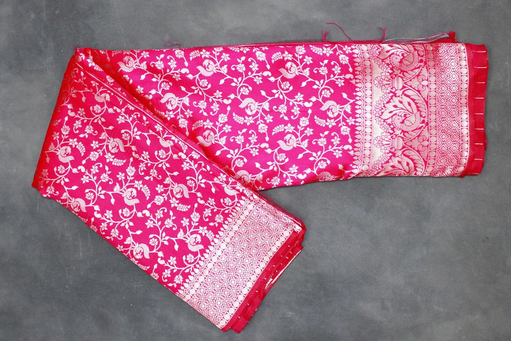 Orange Banarasi Satin Saree with Floral Woven Embroidered Print and Blouse