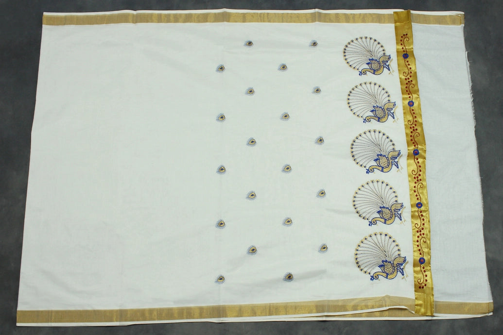 White Kerala Cotton Saree with Gold Zari Border and Peacock Embroidery | Blouse Piece