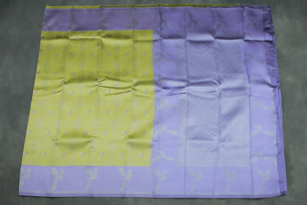 Pastel Yellow Kubera Silk Pattu Saree with Zari Border and Bird Design, Includes Blouse