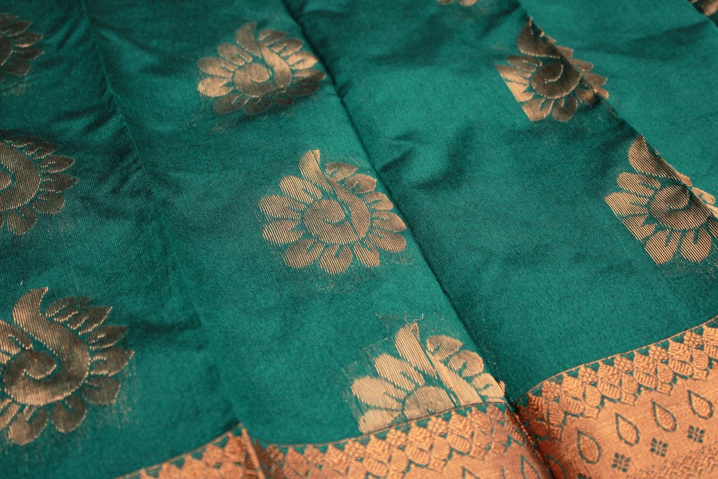 Dark Green Silk Cotton Saree with Zari Floral Border and Blouse Piece | Traditional Ethnic Wear