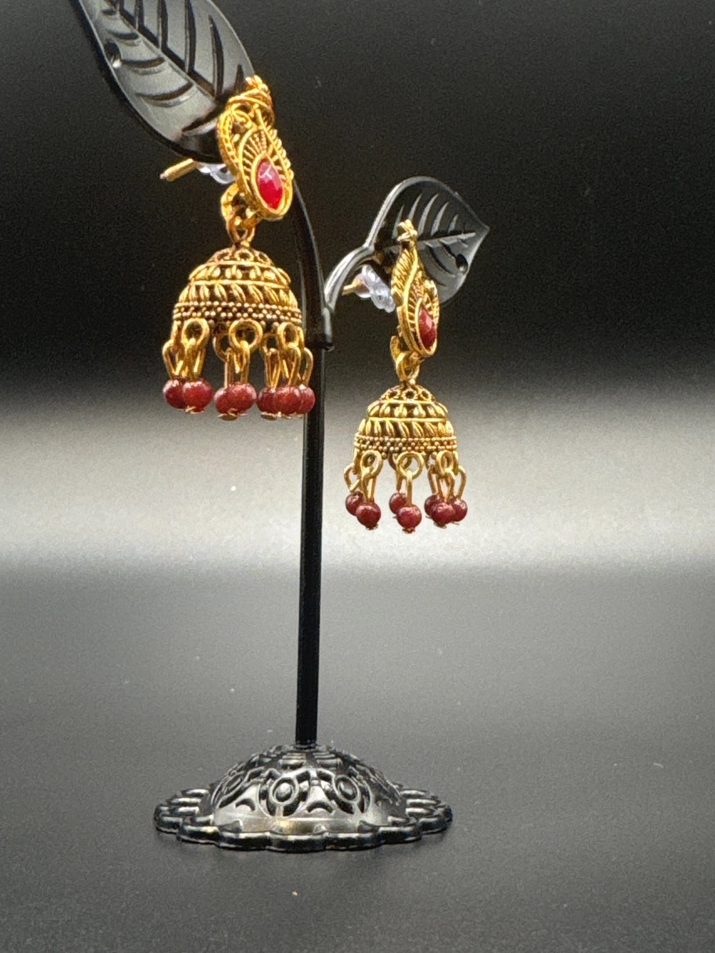 Antique Leaf-Design Jhumka Earrings for Women — Gold-Tone Traditional Jhumkas with Colour Bead Drops Jewelry JCS Fashions