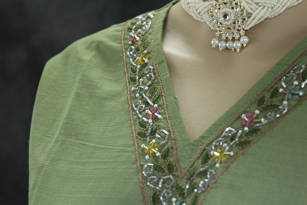 Olive Green Embroidered Cotton Kurti Set with Elastic Pant - V-Neck, Bead & Aari Work Kurti JCS Fashions