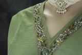 Olive Green Embroidered Cotton Kurti Set with Elastic Pant - V-Neck, Bead & Aari Work Kurti JCS Fashions