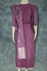 Dark Purple Roman Silk 3-Piece Kurti Set with Embroidered Top, Elastic Palazzo & Banarasi Dupatta
