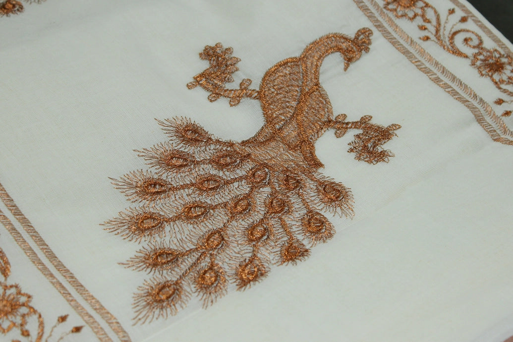 Pure Kerala Cotton White Saree with Copper Zari Peacock Embroidery