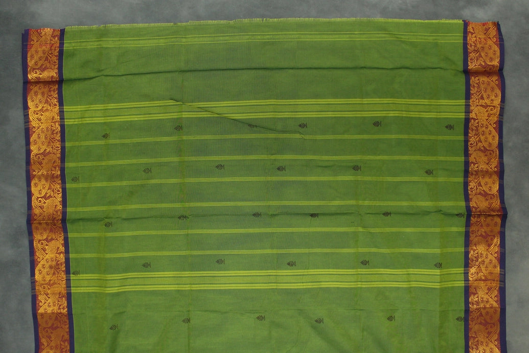 Green Poly-Cotton Butta Saree with Zari Peacock Border and Line Pallu Saree JCS Fashions