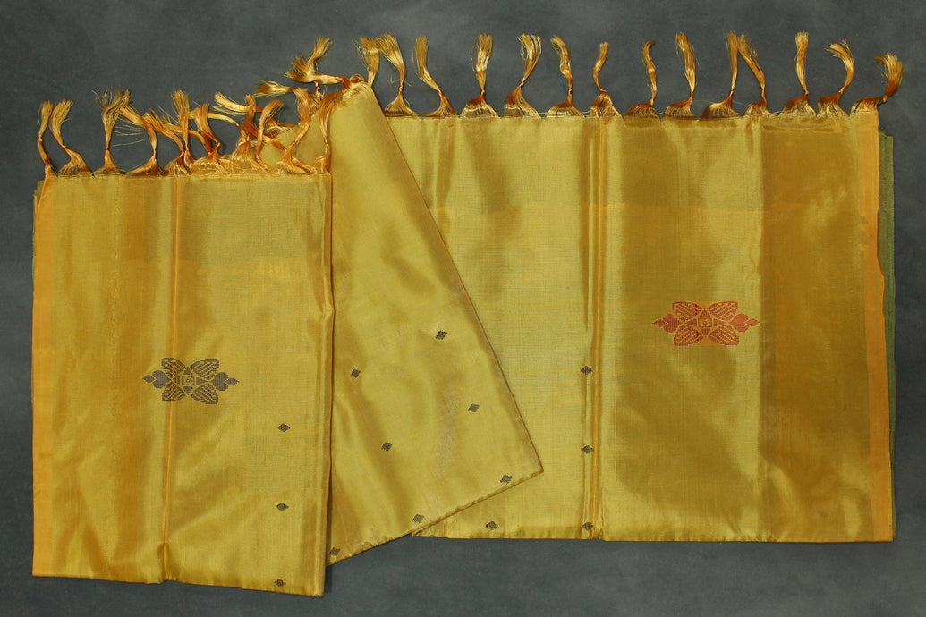 Saffron Yellow Vaazhai Naar (Banana Pith) Saree with Green Pallu and Small Butta - Borderless Traditional Saree