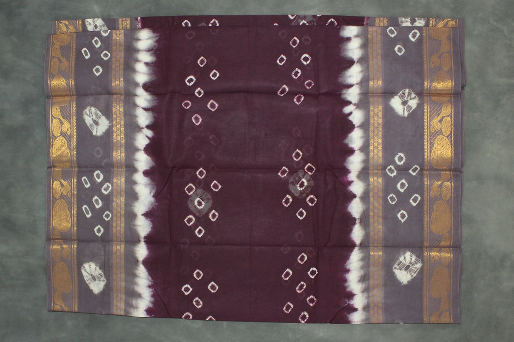 Purple Pure Sungudi Cotton Saree with Bandhani Tie-Dye and Golden Zari Traditional Motif Border Saree JCS Fashions