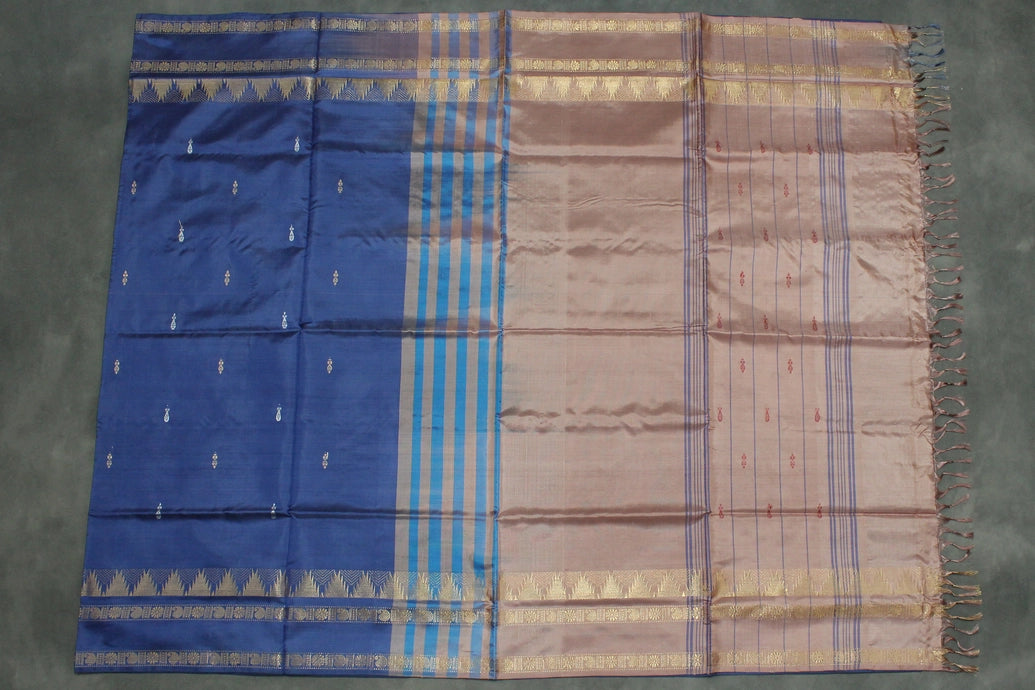 Vaazhai Naar (Banana Pith) Saree with Navy Blue Pallu and Brown Body | Zari Border