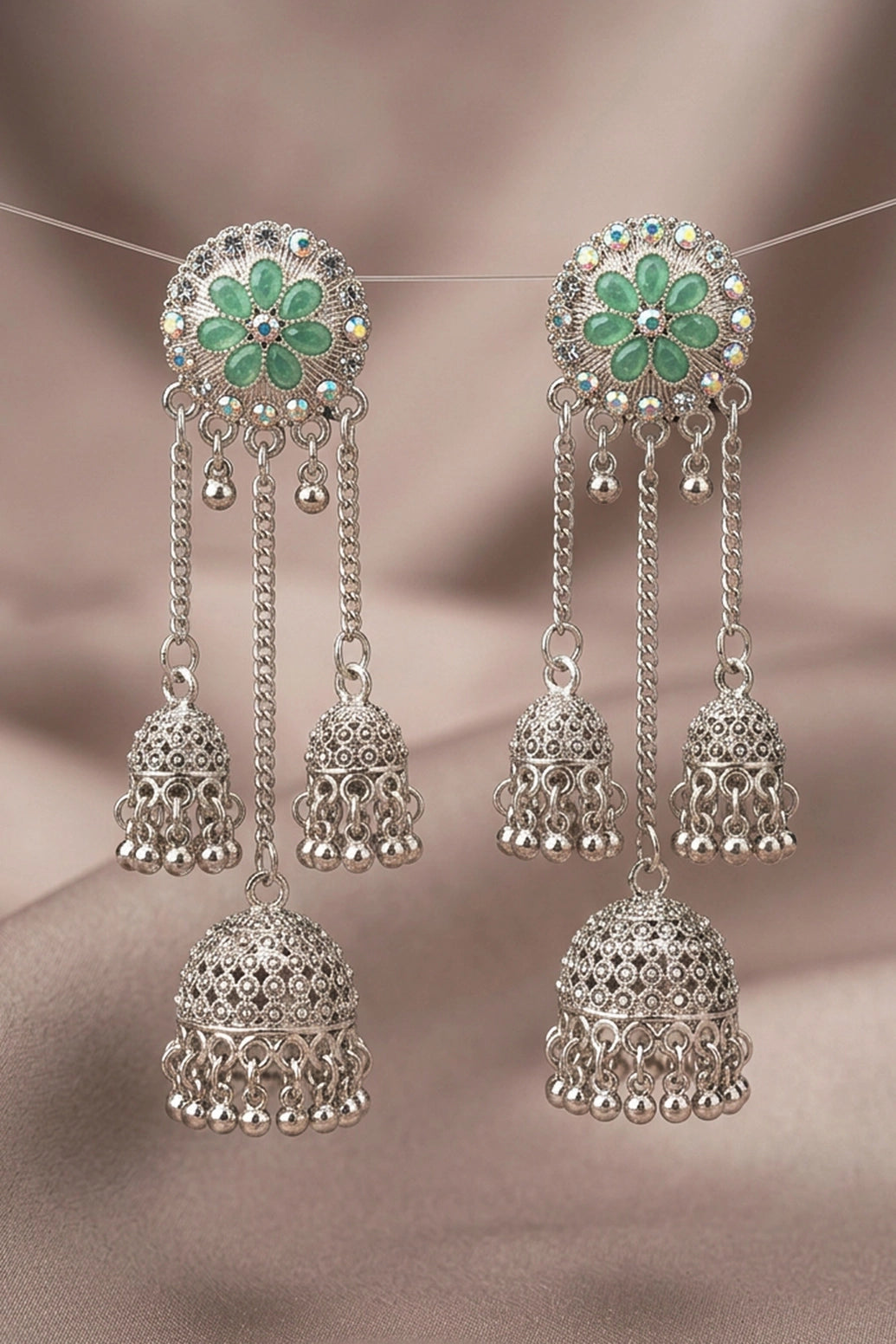 Silver-Finish Flower Stud Jhumka Earrings with Multicolor Crystal Stones and Filigree Dome Drop