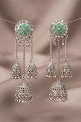 Silver-Finish Flower Stud Jhumka Earrings with Multicolor Crystal Stones and Filigree Dome Drop
