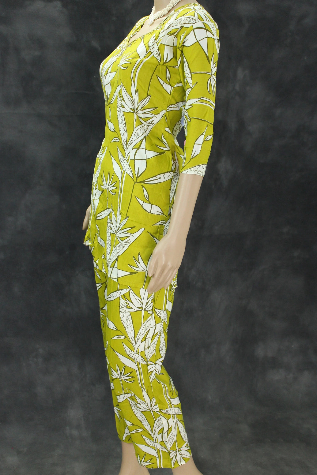 Olive Yellow Rayon 2-Piece co-ord Set with Bead Work Neckline, Elastic Waist Pants and Side Pockets Kurti JCS Fashions