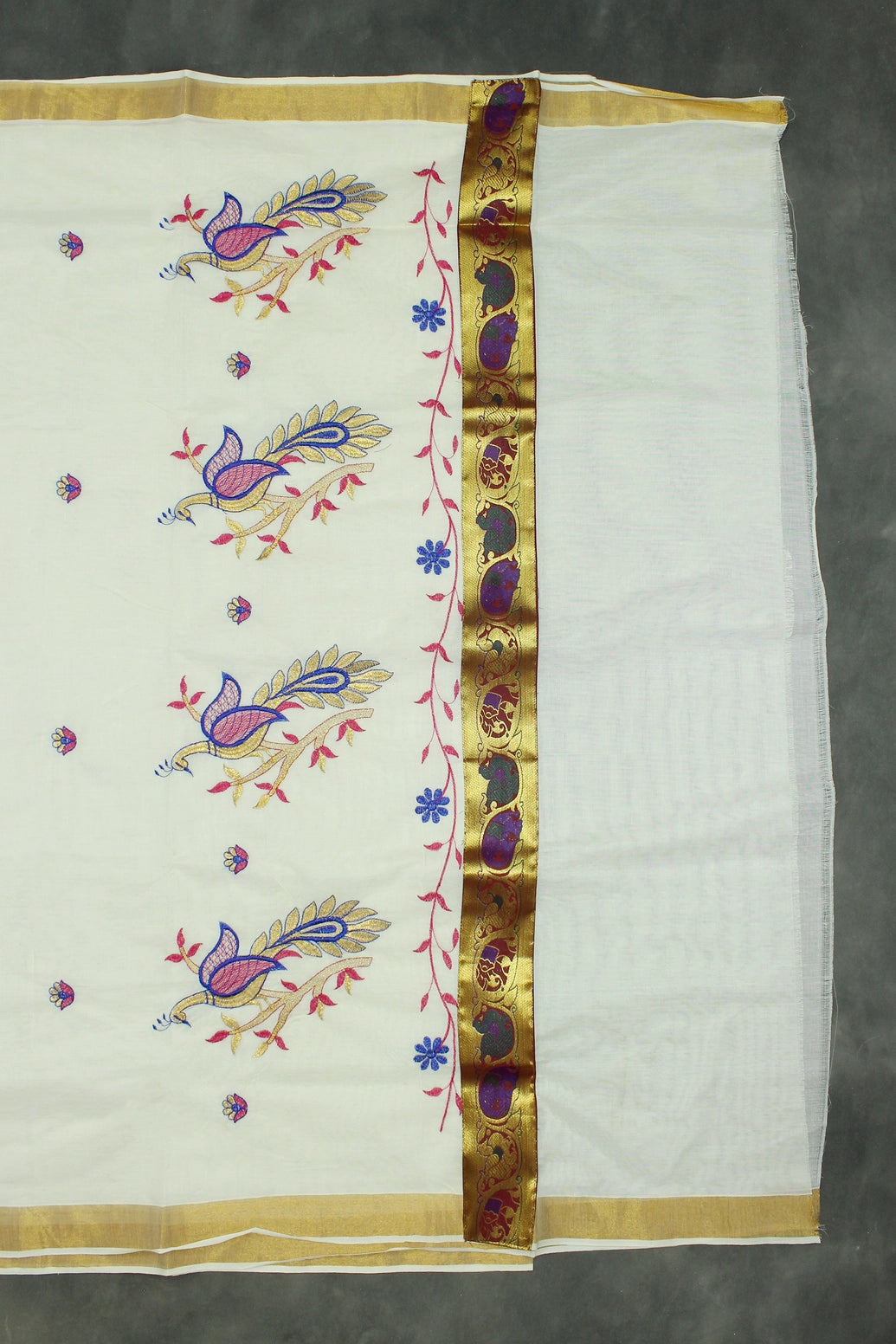 Pure Kerala Cotton White Saree with Embroidered Peacock Pallu and Gold Zari Border