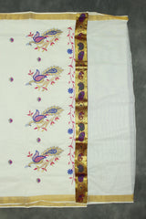 Pure Kerala Cotton White Saree with Embroidered Peacock Pallu and Gold Zari Border