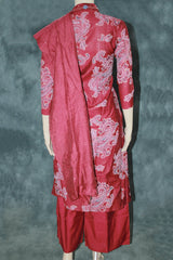 Maroon Cotton 3-Piece Kurti Set with Elastic Pant & Chiffon Dupatta, V Neck Embroidered Sequin Work