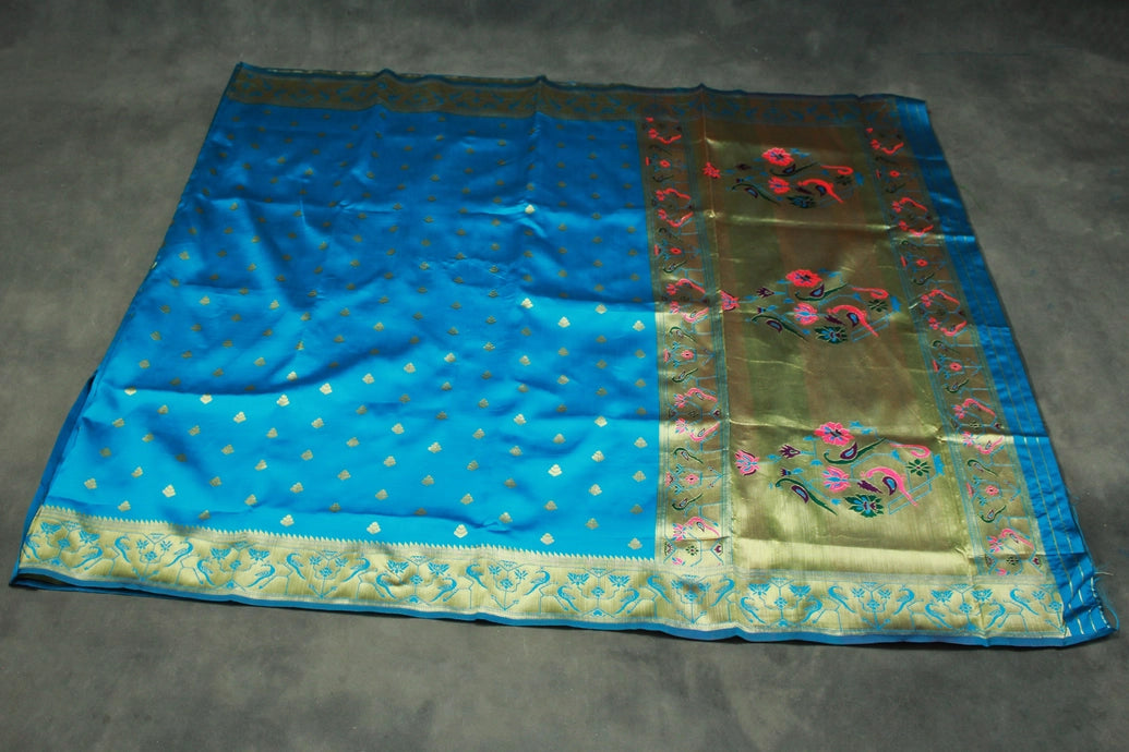 Blue Paithani Pure Silk Saree with Zari Woven Peacock Pallu and Contrast Design Border