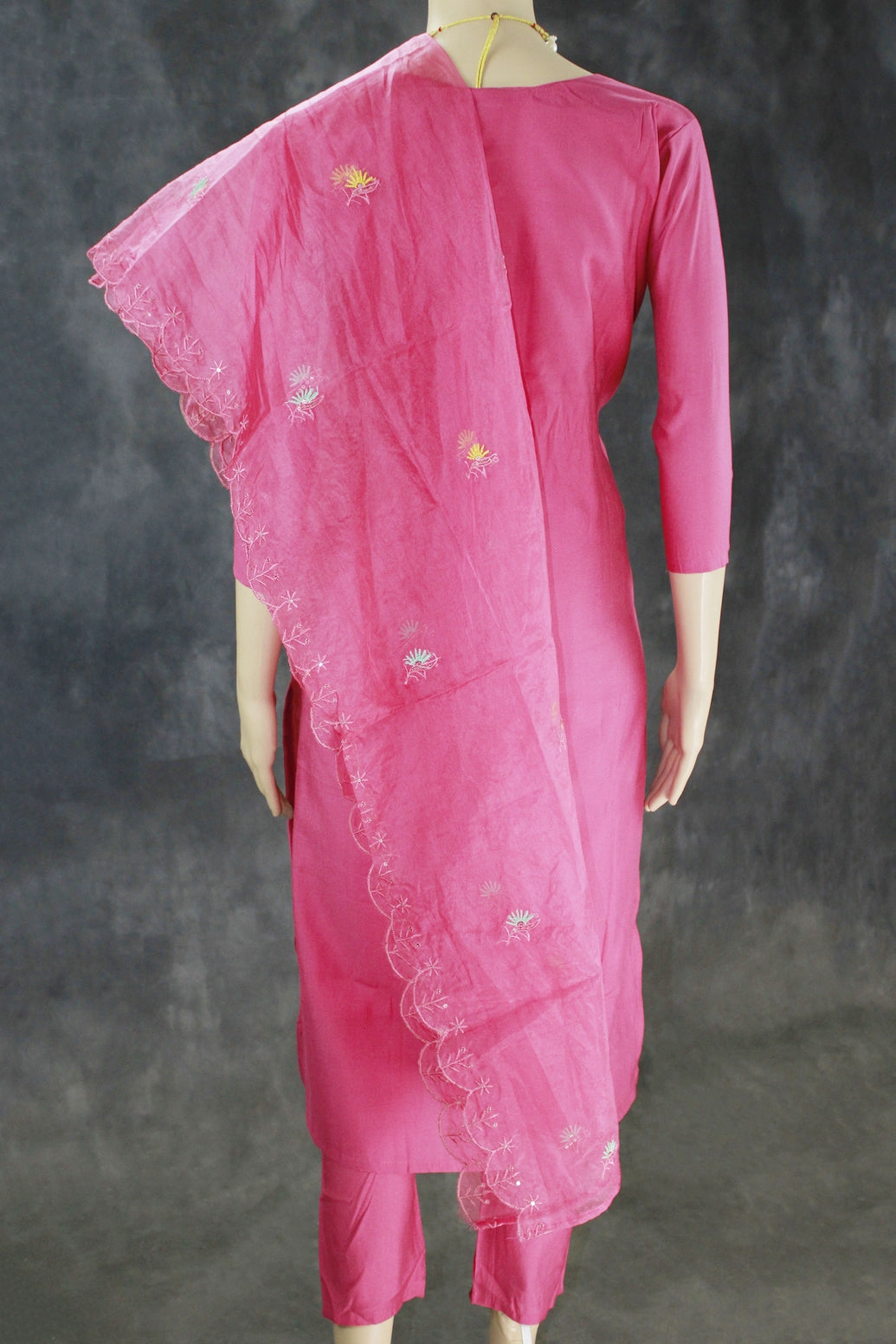 Deep Pink Roman Silk 3-Piece Kurti Set with Chiffon Dupatta & Embroidered Beaded Neck, Elastic Pant