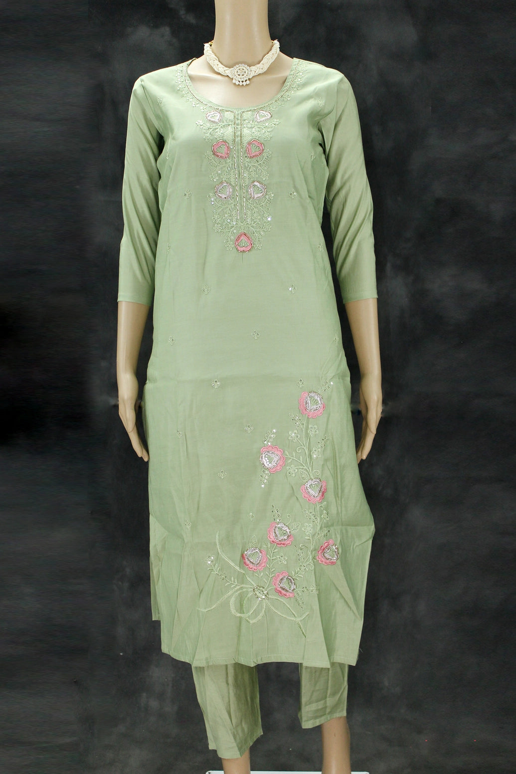 Light Green Roman Silk Kurti Pant Set with Embroidered Handwork Chinon Dupatta for Women