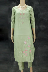 Light Green Roman Silk Kurti Pant Set with Embroidered Handwork Chinon Dupatta for Women
