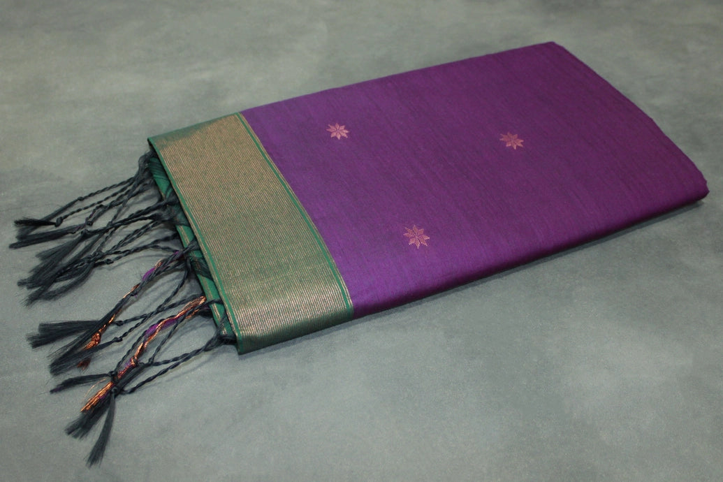 Maheswari Silk Cotton Saree in Purple with Small Butta and Zari Border