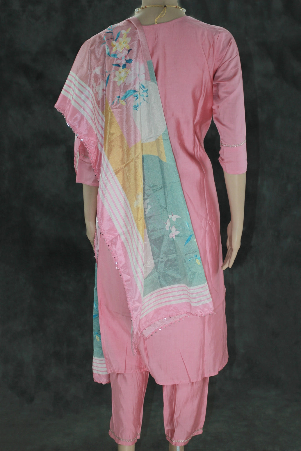 Light Pink Roman Silk 3-Piece Kurti Set with Elastic Pant & Handwork Chinon Dupatta for Women