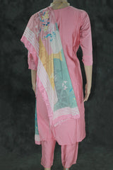 Light Pink Roman Silk 3-Piece Kurti Set with Elastic Pant & Handwork Chinon Dupatta for Women