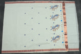 White Pure Kerala Cotton Saree with Copper Zari Peacock & Floral Embroidery, Includes Blouse Piece
