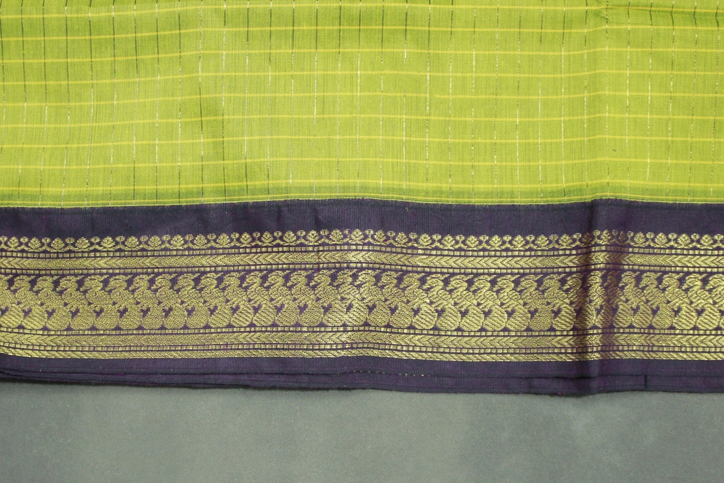 Green Kalyani Cotton Saree with Zari Checked & Peacock Border, Comes with Blouse