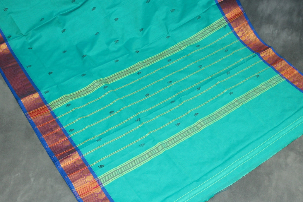 Teal Green Poly Cotton Saree with Gold-Tone Zari Border, Butta Motifs and Line Pallu - Traditional Indian Saree Saree JCS Fashions