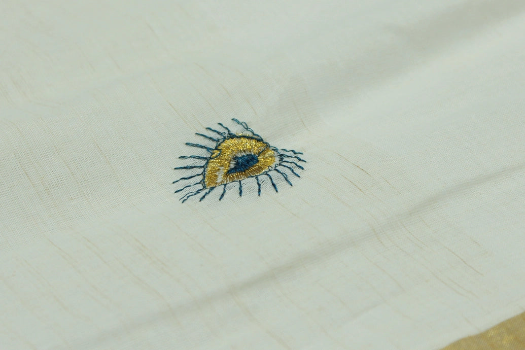Kerala Cotton White Saree with Gold Zari Peacock Embroidery and Blouse Piece