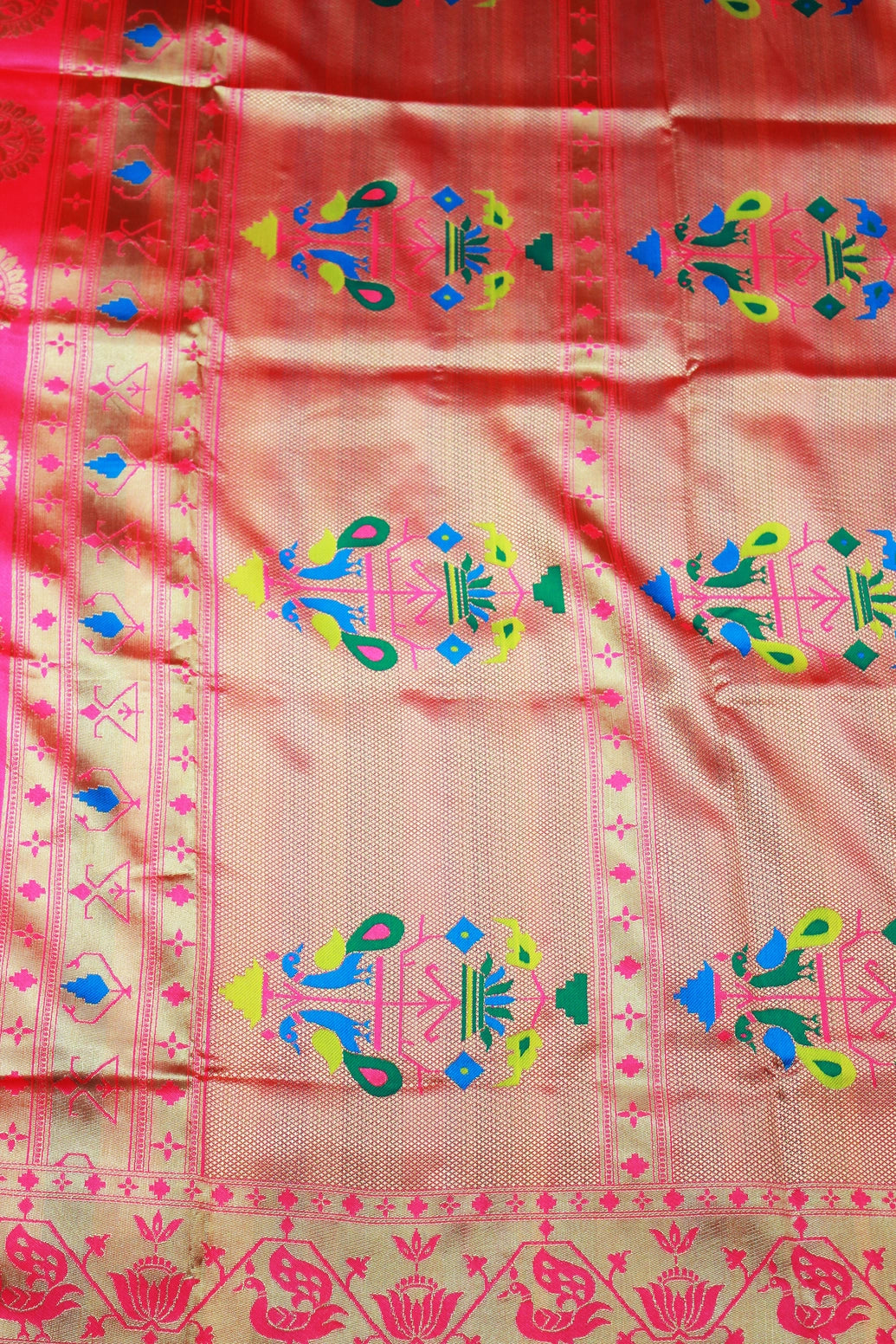 Bright Pink Paithani Pure Silk Saree with Zari Woven Peacock Pallu and Designer Border