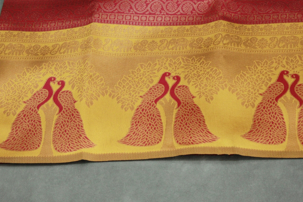 Orange Kubera Pattu Saree with Peacock Border and Contrast Pallu, Comes with Blouse