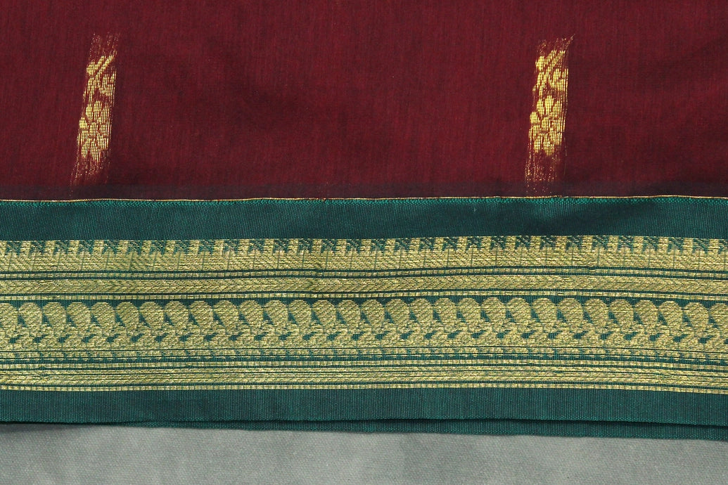Maroon and Green Silk Cotton Saree with Thick Zari Border and Grand Pallu Saree JCS Fashions