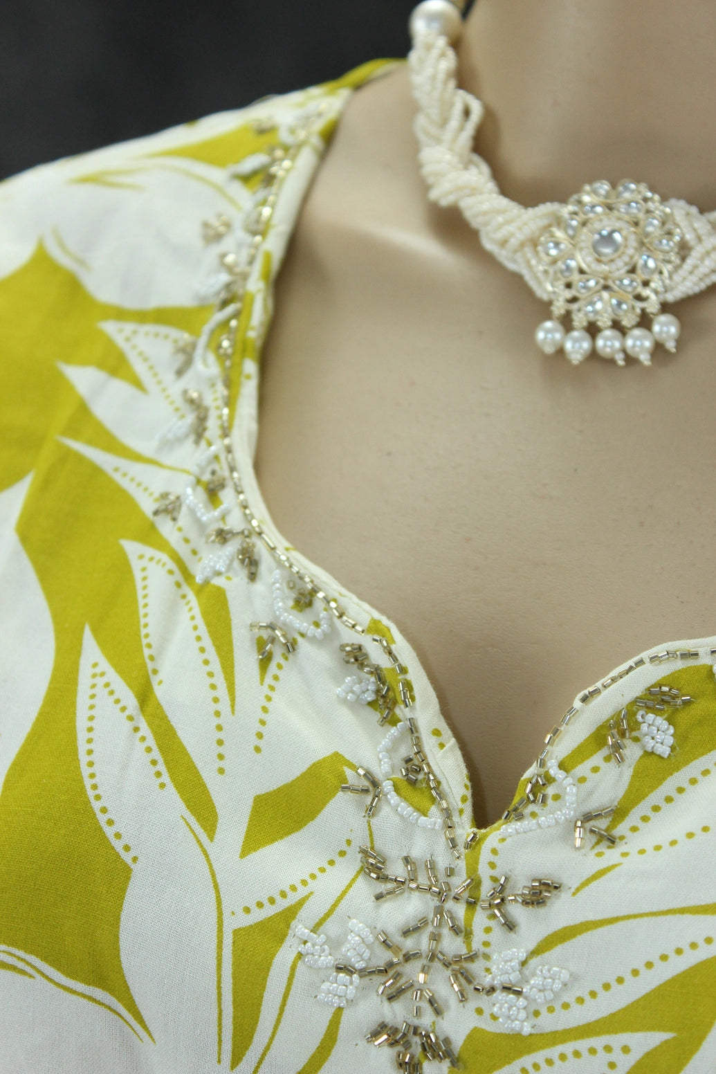 Cream & Mustard Rayon 2-Piece Co-Ord Set with Bead and Aari Neck Embellishment Kurti JCS Fashions