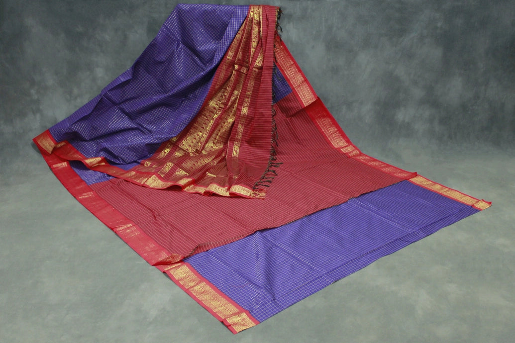 Violet Kalyani Cotton Saree with Zari Checked & Peacock Border and Blouse