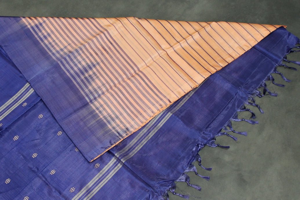 Navy Blue Vaazhai Naar (Banana Pith) Borderless Saree with Small Buttas and Striped Pallu