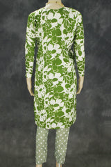 Green Floral Cotton 2-Piece Kurta Set with Elastic Waist Pant - Traditional Indian Kurti - Comfortable Everyday Wear