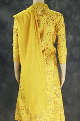 Yellow Cotton 3-Piece Kurti Set with Aari Mirror Work, Sequin Details, Elastic Pant & Chiffon Dupatta