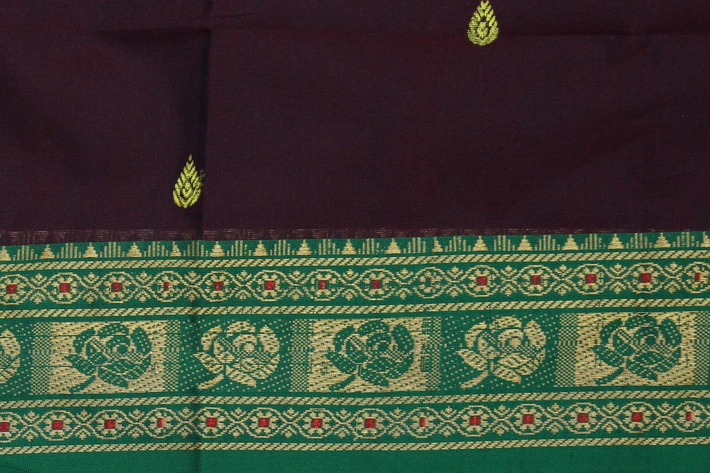 Dark Purple Poly Cotton Butta Saree with Green Threaded Border Saree JCS Fashions