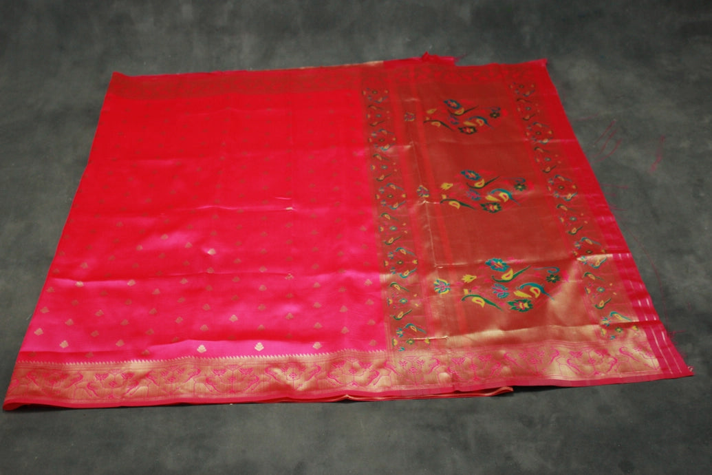 Magenta Pink Paithani Pure Silk Saree with Zari Woven Peacock Pallu and Design Border