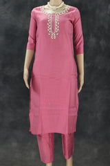 Soft Pink Roman Silk 3-Piece Salwar Kameez Set with Aari & Pearl Neck Embroidery and Organza Digital Dupatta Kurti JCS Fashions