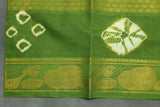 Pure Sungudi Cotton Bandhani Saree with Golden Zari Border - Dark Brown & Green Saree JCS Fashions