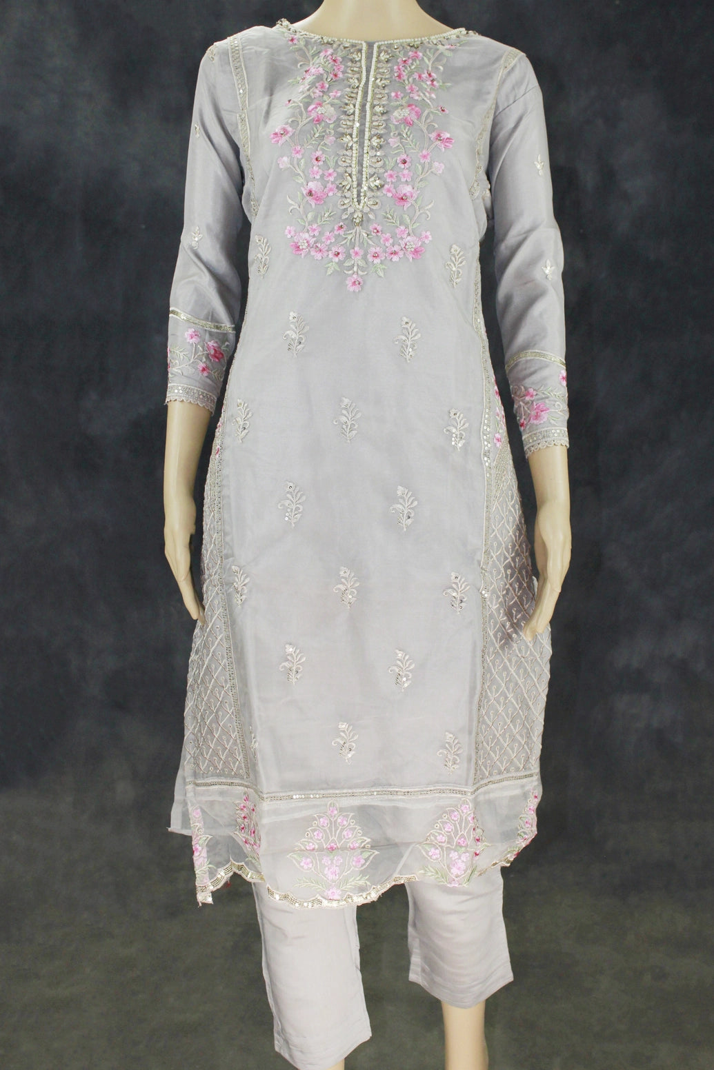 Light Grey Organza Kurti with Pink Khatli Work & Border Dupatta, Roman Silk Bottom 3-Piece Salwar Set