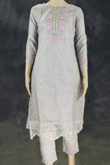 Light Grey Organza Kurti with Pink Khatli Work & Border Dupatta, Roman Silk Bottom 3-Piece Salwar Set